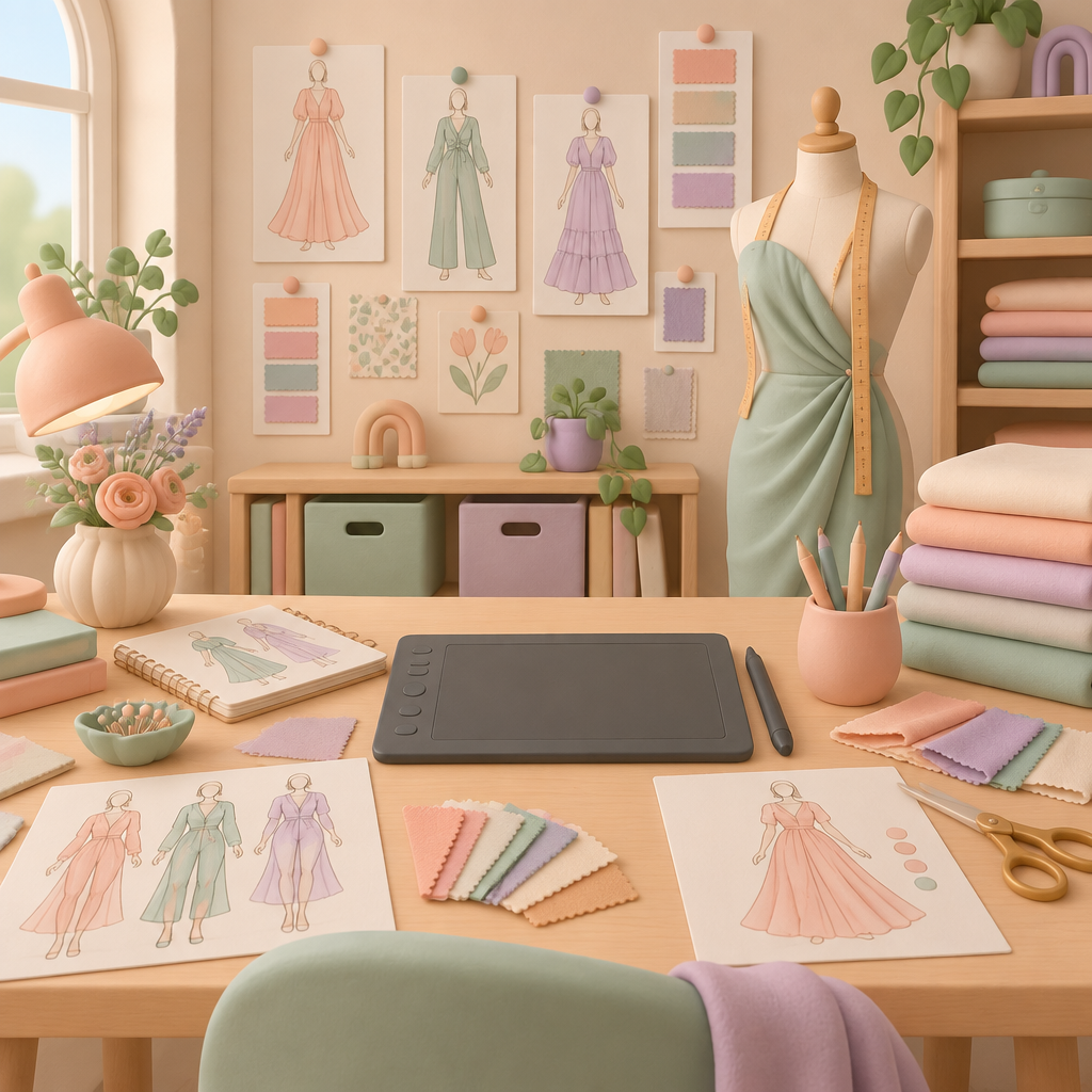 Illustration of the WOW Fashion Designer studio desk with sketches and a drawing tablet